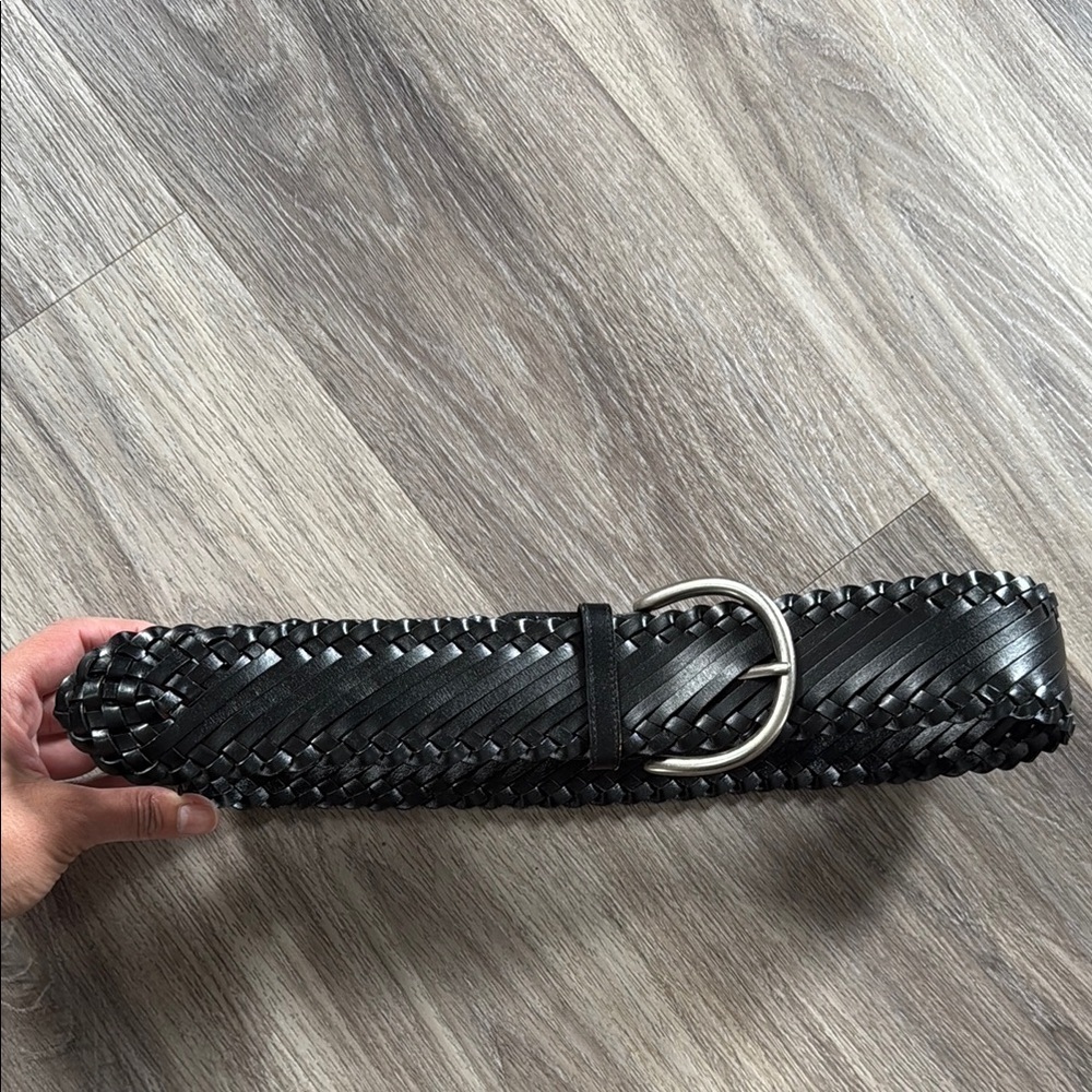 a.n.a Black Leather Braided Belt Medium with Silver Hardware Wide Boho